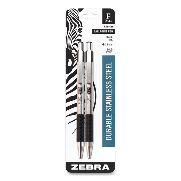 Zebra® F-301 Ballpoint Pen, Retractable, Bold 1.6 mm, Black Ink, Stainless Steel/Black Barrel, 2/Pack (ZEB27312)