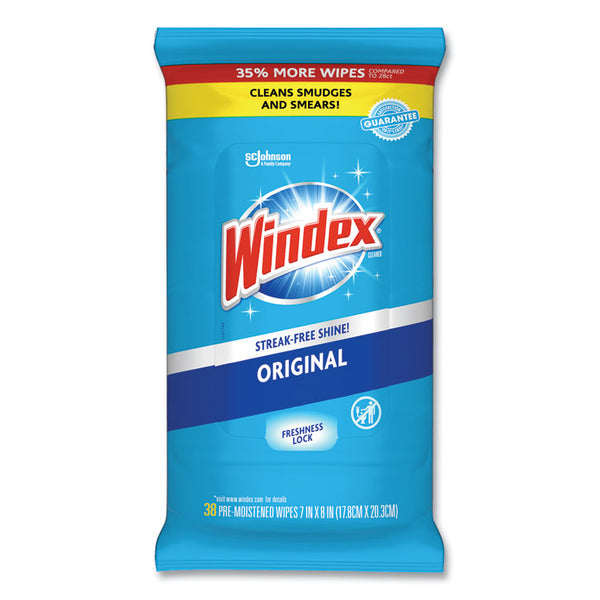 Windex® Glass and Surface Wet Wipe, Cloth, 7 x 8, Unscented, White, 38/Pack, 12 Packs/Carton (SJN319251)