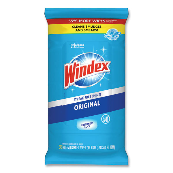 Windex® Glass and Surface Wet Wipe, Cloth, 7 x 8, Unscented, White, 38/Pack (SJN319251EA)