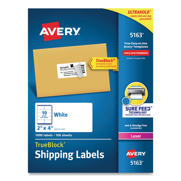 Avery® Shipping Labels w/ TrueBlock Technology, Laser Printers, 2 x 4, White, 10/Sheet, 100 Sheets/Box (AVE5163)