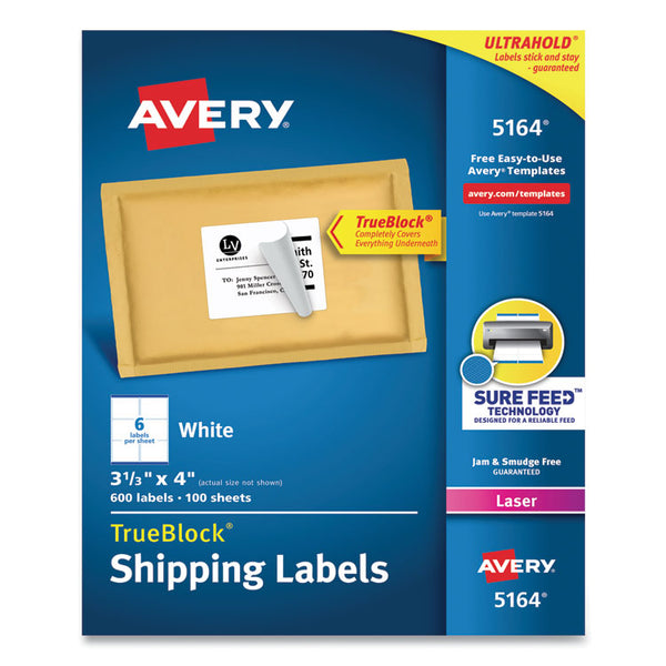 Avery® Shipping Labels w/ TrueBlock Technology, Laser Printers, 3.33 x 4, White, 6/Sheet, 100 Sheets/Box (AVE5164)