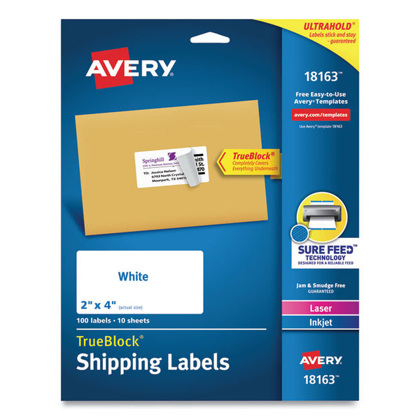 Avery® Shipping Labels w/ TrueBlock Technology, Inkjet Printers, 2 x 4, White, 10/Sheet, 10 Sheets/Pack (AVE18163)