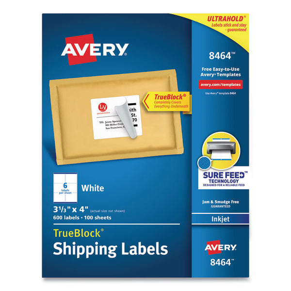 Avery® Shipping Labels w/ TrueBlock Technology, Inkjet Printers, 3.33 x 4, White, 6/Sheet, 100 Sheets/Box (AVE8464)
