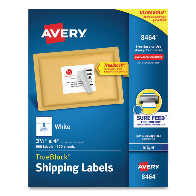 Avery® Shipping Labels w/ TrueBlock Technology, Inkjet Printers, 3.33 x 4, White, 6/Sheet, 100 Sheets/Box (AVE8464)