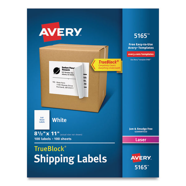 Avery® Shipping Labels with TrueBlock Technology, Laser Printers, 8.5 x 11, White, 100/Box (AVE5165)
