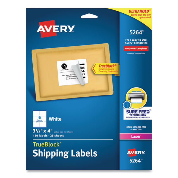 Avery® Shipping Labels w/ TrueBlock Technology, Laser Printers, 3.33 x 4, White, 6/Sheet, 25 Sheets/Pack (AVE5264)
