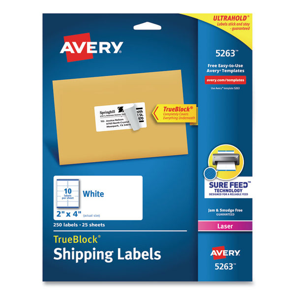 Avery® Shipping Labels w/ TrueBlock Technology, Laser Printers, 2 x 4, White, 10/Sheet, 25 Sheets/Pack (AVE5263)