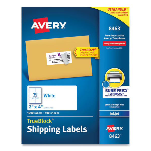 Avery® Shipping Labels w/ TrueBlock Technology, Inkjet Printers, 2 x 4, White, 10/Sheet, 100 Sheets/Box (AVE8463)