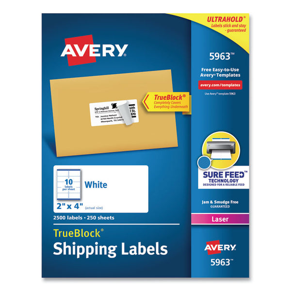 Avery® Shipping Labels w/ TrueBlock Technology, Laser Printers, 2 x 4, White, 10/Sheet, 250 Sheets/Box (AVE5963)