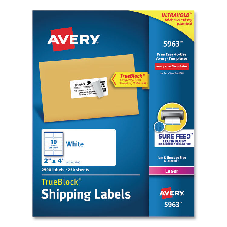 Avery® Shipping Labels w/ TrueBlock Technology, Laser Printers, 2 x 4, White, 10/Sheet, 250 Sheets/Box (AVE5963) Box of 2500