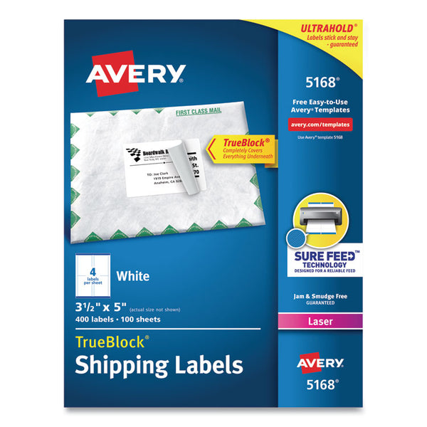 Avery® Shipping Labels w/ TrueBlock Technology, Laser Printers, 3.5 x 5, White, 4/Sheet, 100 Sheets/Box (AVE5168)