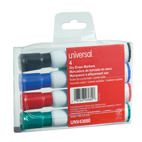 Universal™ Dry Erase Marker, Medium Bullet Tip, Assorted Colors, 4/Set (UNV43680)