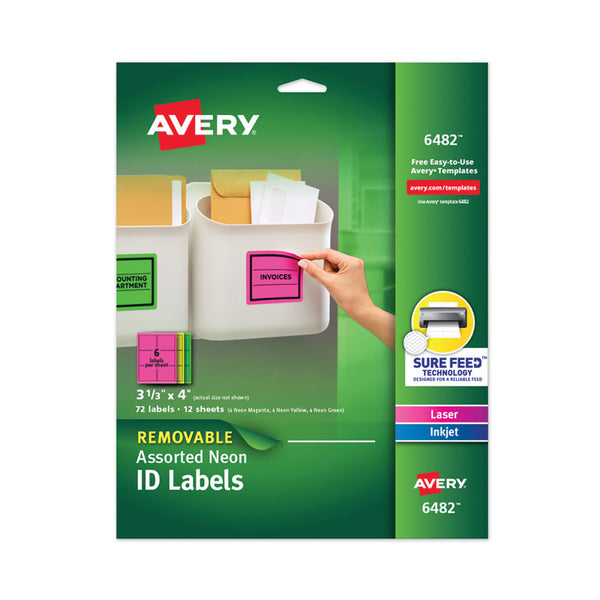 Avery® High-Vis Removable Laser/Inkjet ID Labels w/ Sure Feed, 3.33 x 4, Neon, 72/PK (AVE6482)