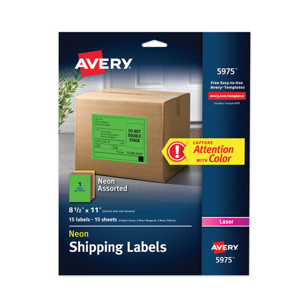 Avery® High-Visibility Permanent Laser ID Labels, 8.5 x 11, Asst. Neon, 15/Pack (AVE5975)