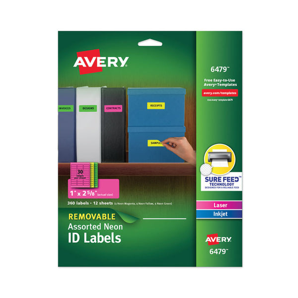 Avery® High-Vis Removable Laser/Inkjet ID Labels w/ Sure Feed, 1 x 2.63, Neon, 360/PK (AVE6479)