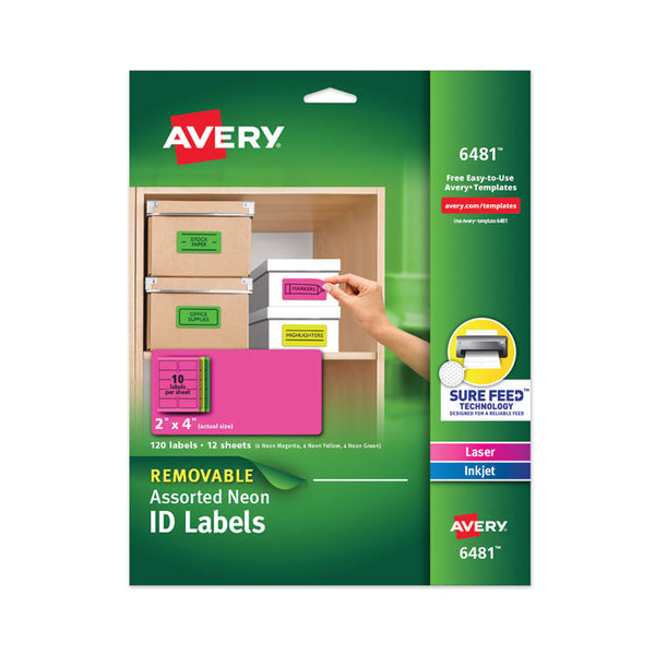 Avery® High-Vis Removable Laser/Inkjet ID Labels, 2 x 4, Asst. Neon, 120/Pack (AVE6481)