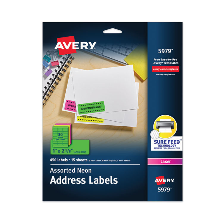 Avery® High-Visibility Permanent Laser ID Labels, 1 x 2.63, Asst. Neon, 450/Pack (AVE5979)