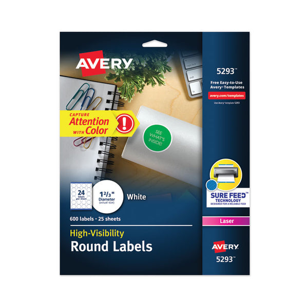 Avery® Permanent Laser Print-to-the-Edge ID Labels w/SureFeed, 1.66" dia, White, 600/PK (AVE5293)