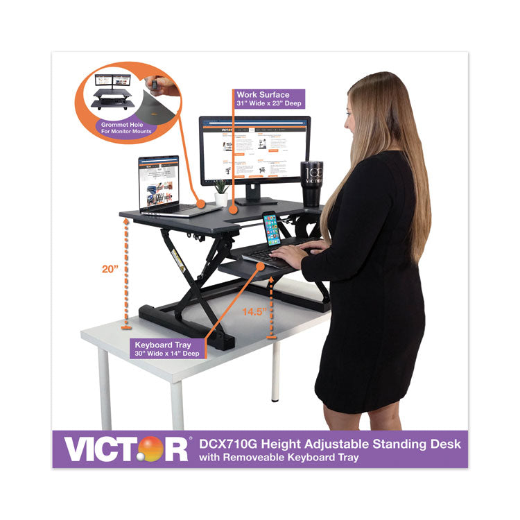 Victor® High Rise Height Adjustable Standing Desk with Keyboard Tray, 31" x 31.25" x 5.25" to 20", Gray/Black (VCTDCX710G) Each