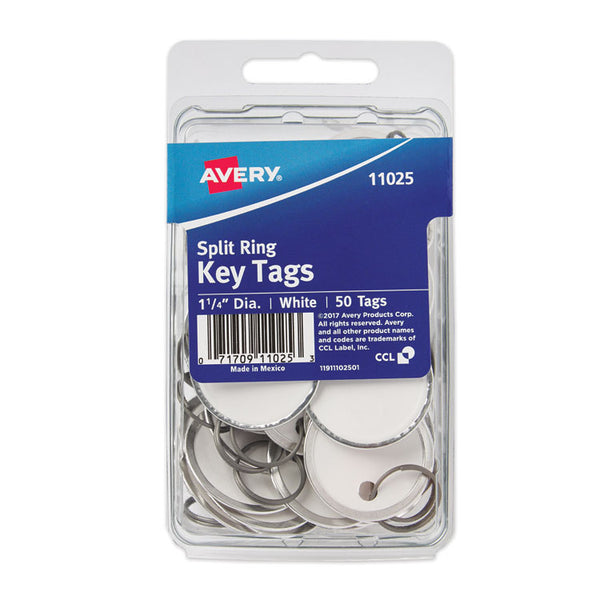 Avery® Key Tags with Split Ring, 1.25" dia, White, 50/Pack (AVE11025)