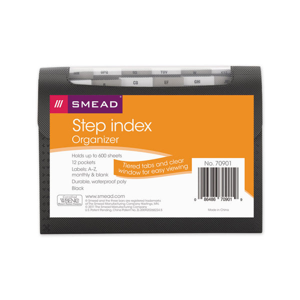 Smead™ Step Index Organizer, 12 Sections, Cord/Hook Closure, 1/6-Cut Tabs, Letter Size, Black (SMD70901)