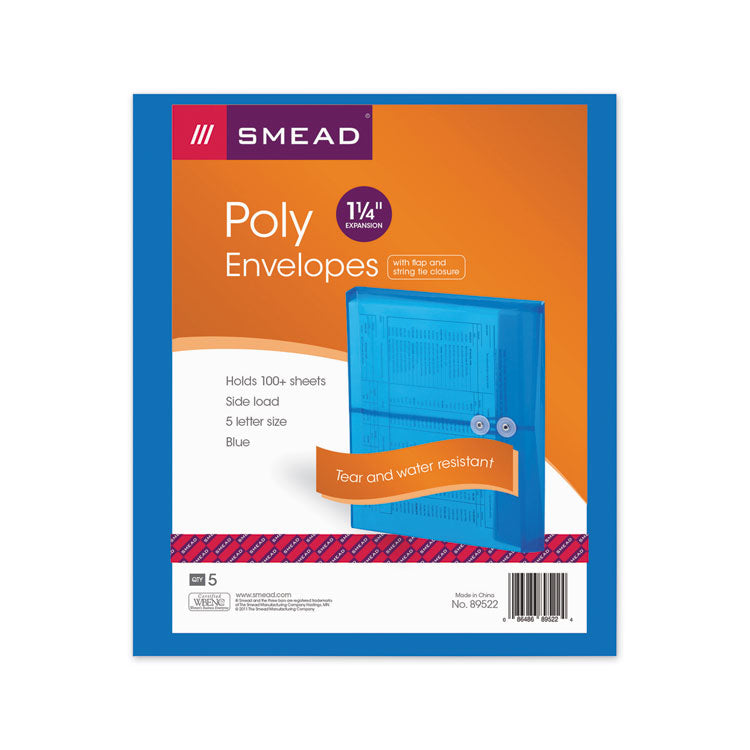 Smead™ Poly String and Button Interoffice Envelopes, Open-Side (Horizontal), 9.75 x 11.63, Transparent Blue, 5/Pack (SMD89522)