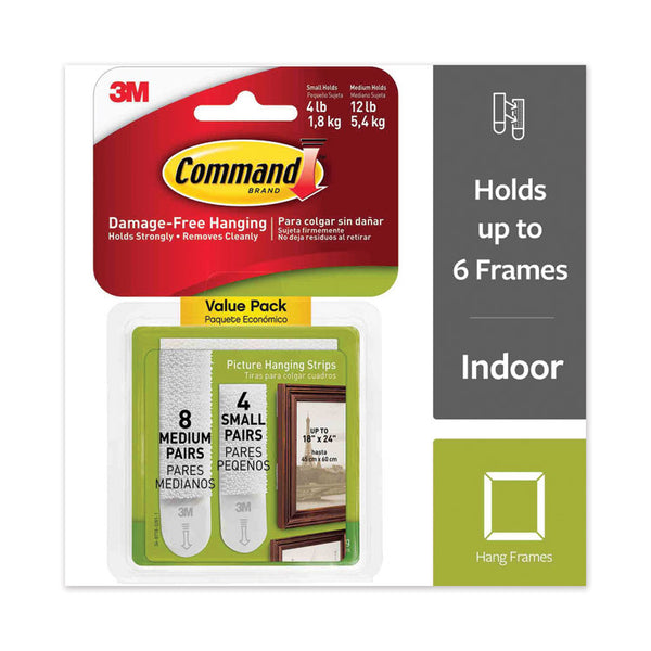 Command™ Picture Hanging Strips, Value Pack, Removable, (4) Small 0.63 x 1.81 and (8) Medium 0.75 x 2.75, White, 12 Pairs/Pack (MMM70005130078)