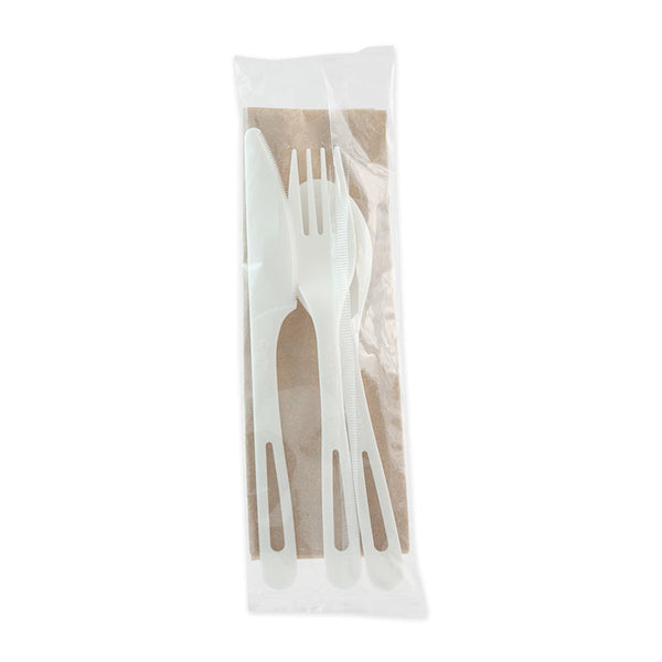 World Centric® TPLA Compostable Cutlery, Knife/Fork/Spoon/Napkin, 6", White, 250/Carton (WORASPSTN)