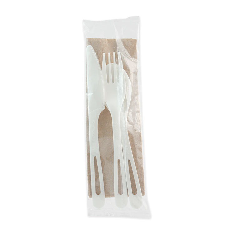 World Centric® TPLA Compostable Cutlery, Knife/Fork/Spoon/Napkin, 6", White, 250/Carton (WORASPSTN) Case of 250