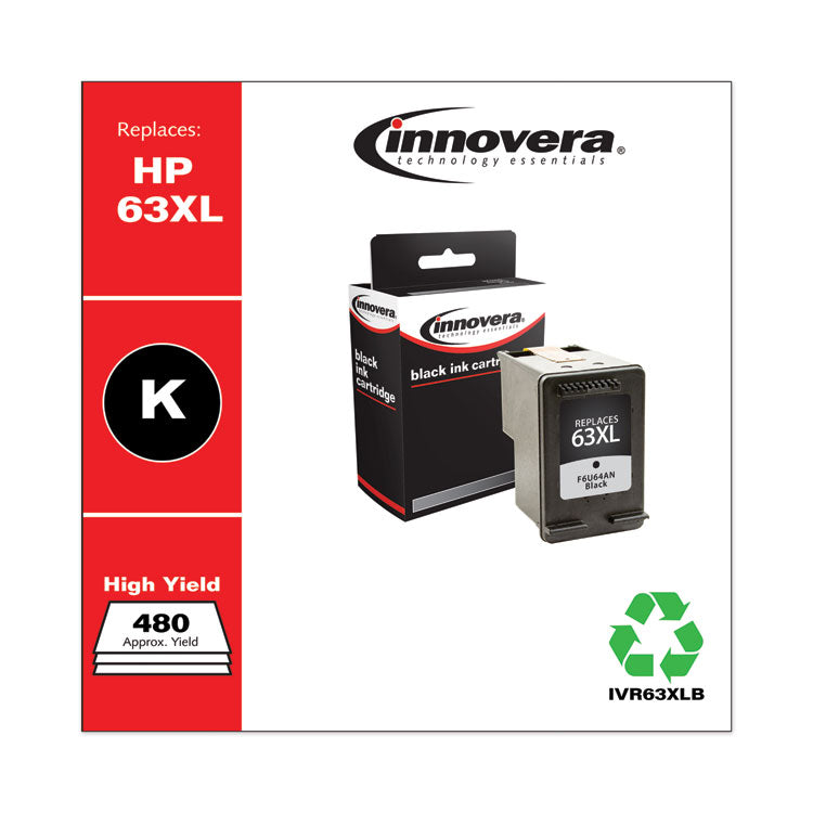 Innovera® Remanufactured Black High-Yield Ink, Replacement for 63XL (F6U64AN), 480 Page-Yield (IVR63XLB)