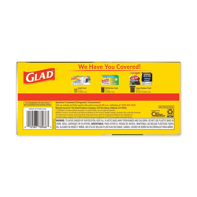 Glad® Drawstring Large Trash Bags, 30 gal, 1.05 mil, 30" x 33", Black, 15 Bags/Box, 6 Boxes/Carton (CLO78966)