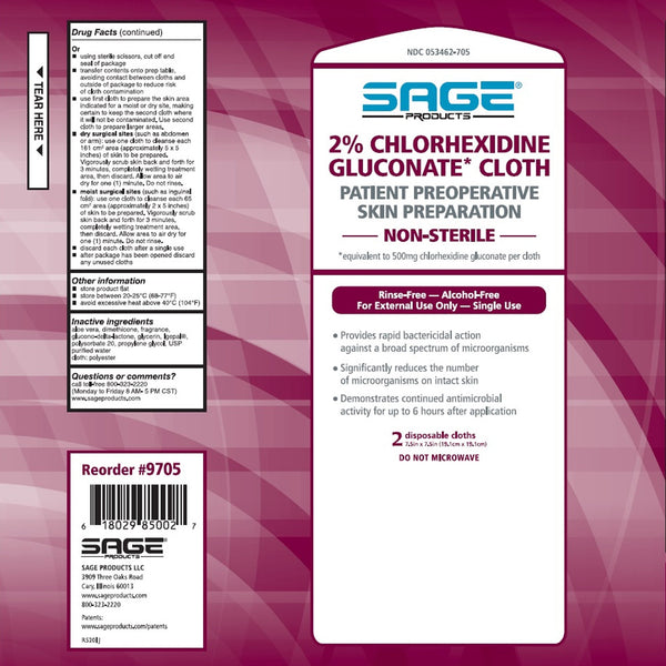Sage® Skin Prep Wipe 2 per Pack Soft Pack 2% Strength CHG (Chlorhexidine Gluconate) NonSterile (550501_PK) 1/PK