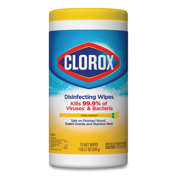 Clorox® Disinfecting Wipes, 1-Ply, 7 x 8, Crisp Lemon, White, 35/Canister, 12 Canisters/Carton (CLO01594CT)