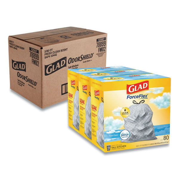 Glad® OdorShield Tall Kitchen Drawstring Bags, 13 gal, 0.72 mil, 24" x 27.38", White, 80 Bags/Box, 3 Boxes/Carton (CLO78899)