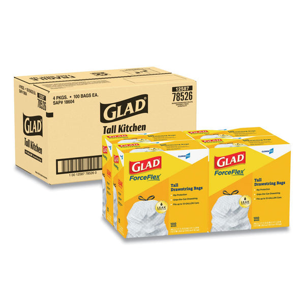 Glad® Tall Kitchen Drawstring Trash Bags, 13 gal, 0.72 mil, 24" x 27.38", Gray, 100 Bags/Box, 4 Boxes/Carton (CLO78526CT)