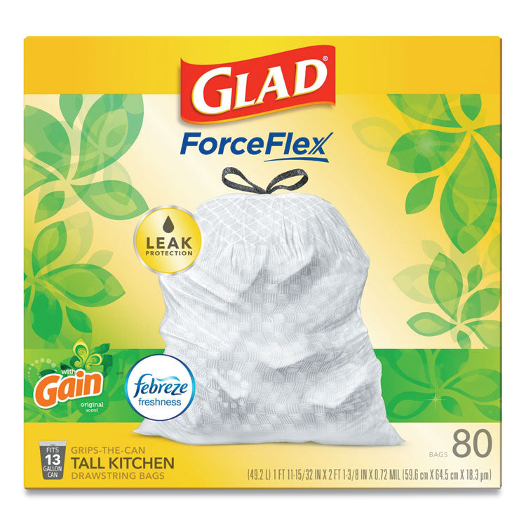 Glad® OdorShield Tall Kitchen Drawstring Bags, 13 gal, 0.95 mil, 24" x 27.38", White, 80 Bags/Box, 3 Boxes/Carton (CLO78900) Case of 240