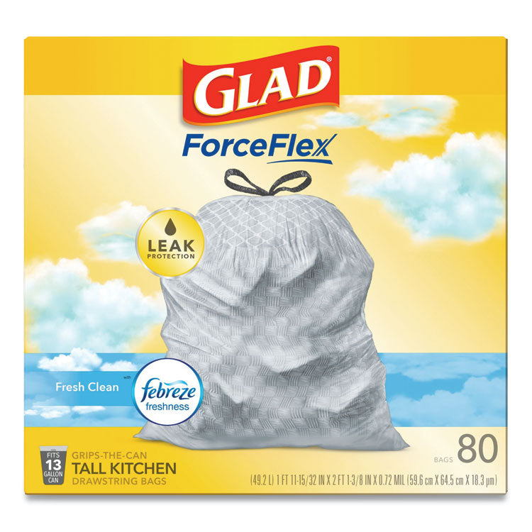 Glad® OdorShield Tall Kitchen Drawstring Bags, 13 gal, 0.72 mil, 24" x 27.38", White, 80 Bags/Box, 3 Boxes/Carton (CLO78899) Case of 240