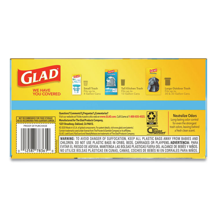 Glad® OdorShield Tall Kitchen Drawstring Bags, 13 gal, 0.78 mil, 24" x 27.38", White, 40 Bags/Box, 6 Boxes/Carton (CLO78361)