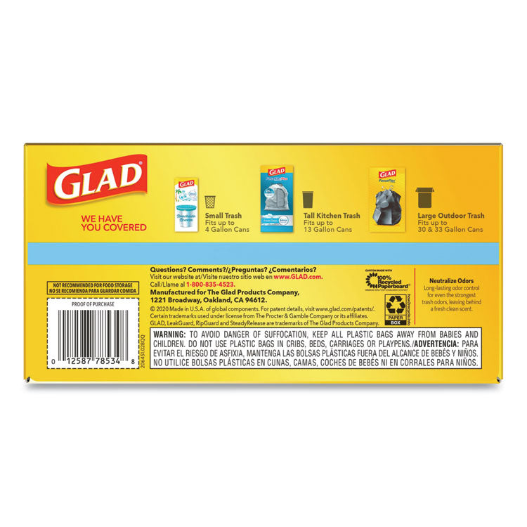 Glad® OdorShield Tall Kitchen Drawstring Bags, 13 gal, 0.72 mil, 24" x 27.38", White, 80 Bags/Box, 3 Boxes/Carton (CLO78899) Case of 240