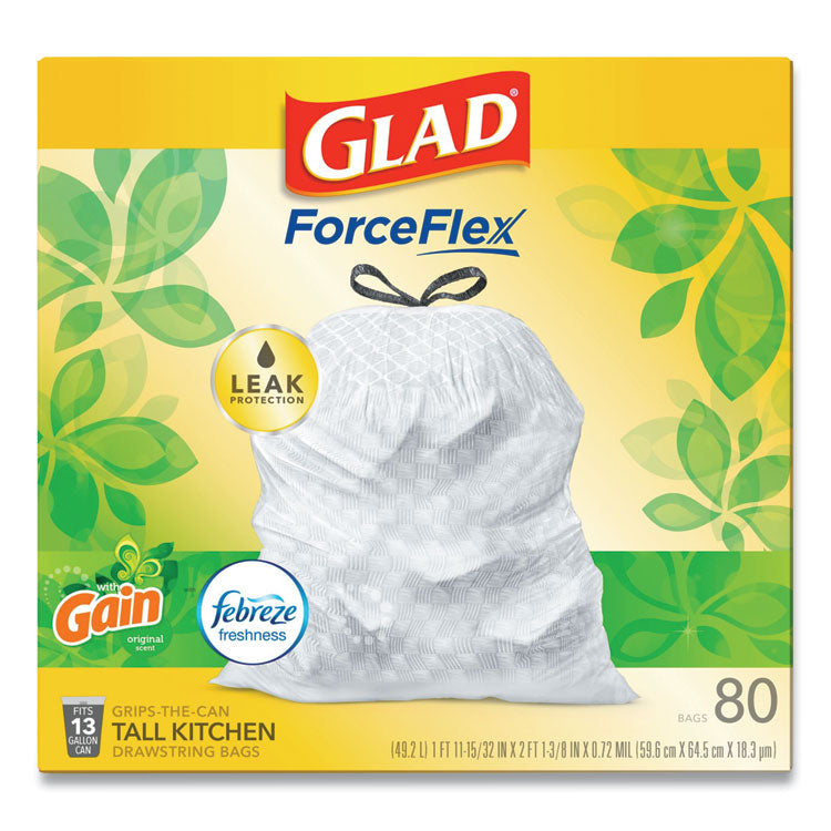 Glad® OdorShield Tall Kitchen Drawstring Bags, 13 gal, 0.95 mil, 24" x 27.38", White, 80/Box (CLO78900BX) Box of 80