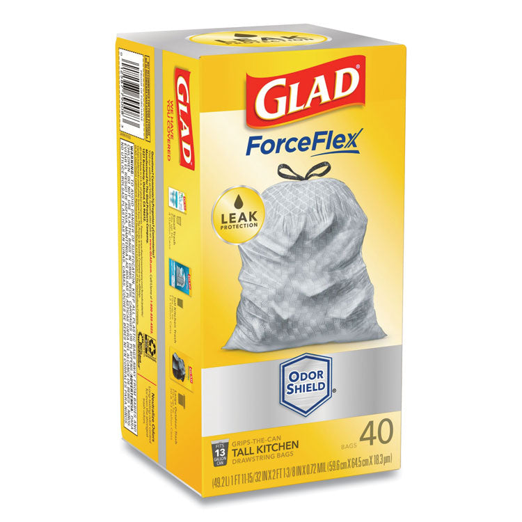 Glad® Tall Kitchen Drawstring Trash Bags, 13 gal, 0.72 mil, 23.75" x 24.88", White, 240/Carton (CLO79008)