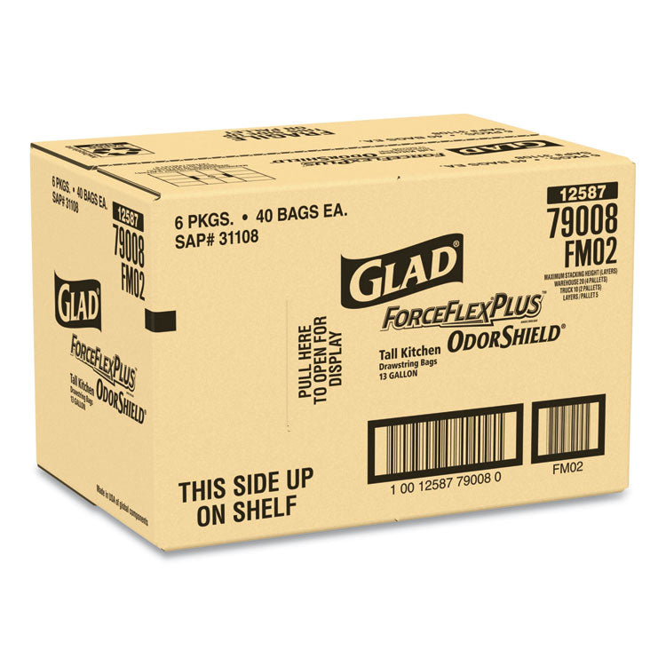 Glad® Tall Kitchen Drawstring Trash Bags, 13 gal, 0.72 mil, 23.75" x 24.88", White, 240/Carton (CLO79008)