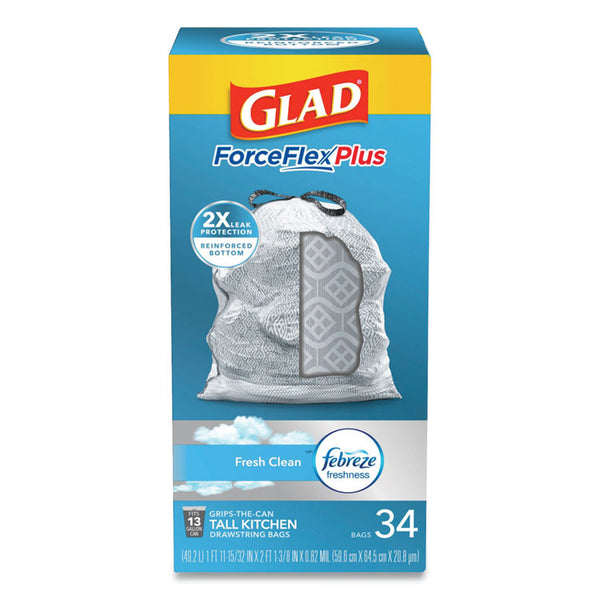 Glad® ForceFlexPlus OdorShield Tall Kitchen Drawstring Trash Bags, 13 gal, 0.9 mil, 24" x 28", White, 34 Bags/Box, 6 Boxes/Carton (CLO70320)