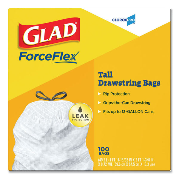 Glad® Tall Kitchen Drawstring Trash Bags, 13 gal, 0.72 mil, 24" x 27.38", Gray, 100 Bags/Box, 4 Boxes/Carton (CLO78526CT)