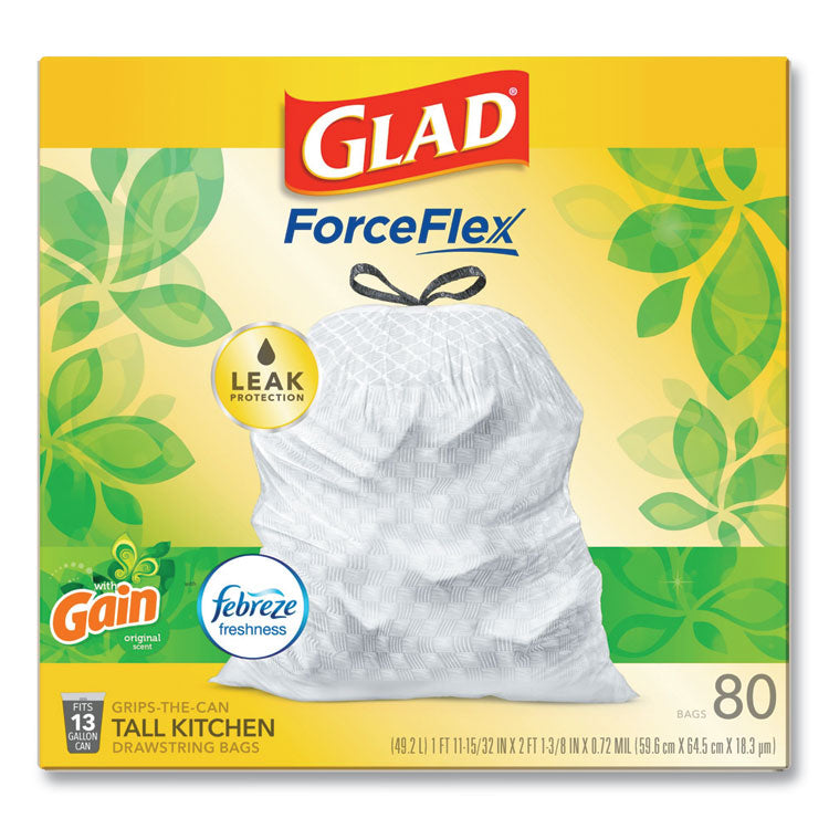 Glad® OdorShield Tall Kitchen Drawstring Bags, 13 gal, 0.95 mil, 24" x 27.38", White, 80 Bags/Box, 3 Boxes/Carton (CLO78900) Case of 240