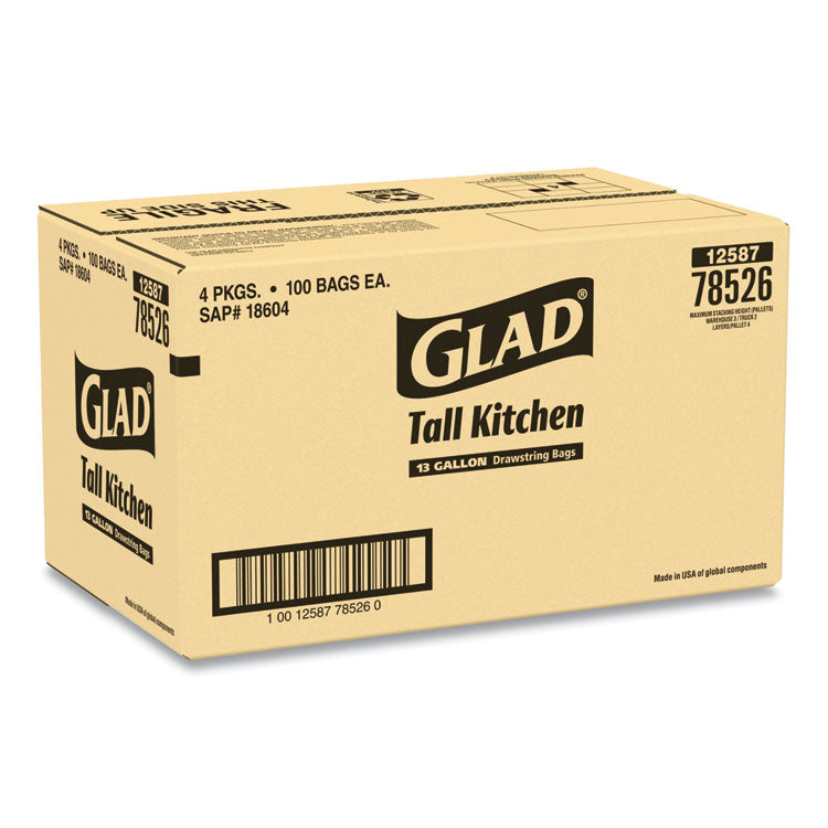 Glad® Tall Kitchen Drawstring Trash Bags, 13 gal, 0.72 mil, 24" x 27.38", Gray, 100 Bags/Box, 4 Boxes/Carton (CLO78526CT) Case of 400