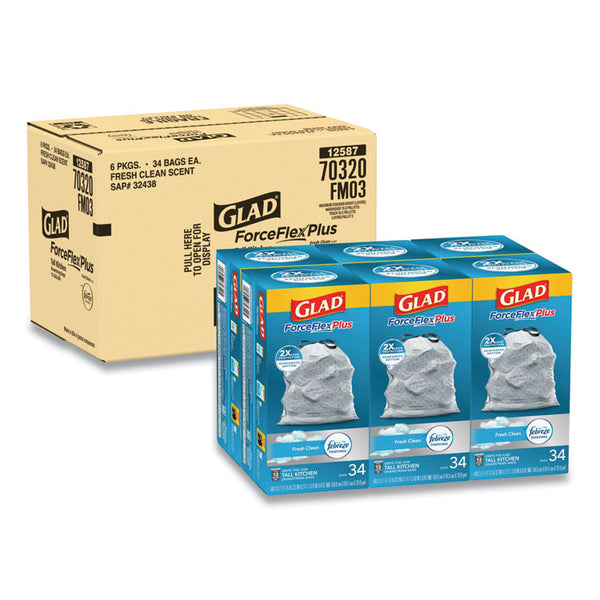 Glad® ForceFlexPlus OdorShield Tall Kitchen Drawstring Trash Bags, 13 gal, 0.9 mil, 24" x 28", White, 34 Bags/Box, 6 Boxes/Carton (CLO70320)