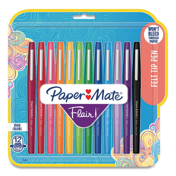 Paper Mate® Point Guard Flair Felt Tip Porous Point Pen, Stick, Medium 0.7 mm, Assorted Ink and Barrel Colors, 12/Pack (PAP74423)