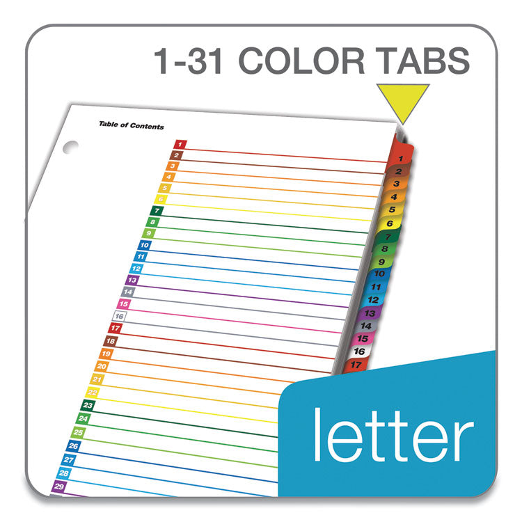 Cardinal® OneStep Printable Table of Contents and Dividers, 31-Tab, 1 to 31, 11 x 8.5, White, Assorted Tabs, 1 Set (CRD60118) Set of 31