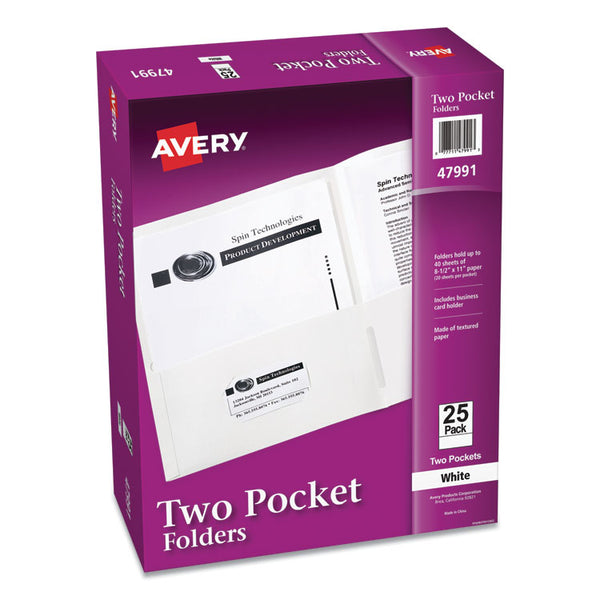 Avery® Two-Pocket Folder, 40-Sheet Capacity, 11 x 8.5, White, 25/Box (AVE47991)